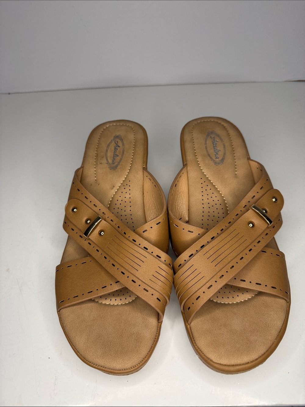 Women's Tan Cross-Strap Slide Sandals with Buckle Detail